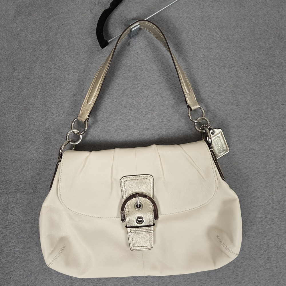 Vintage Coach Bag Ivory Soho Y2K Flap Pleated Leather Shoulder Buckle F17217